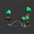 Low Poly 3D Scene With Blue Water Green Trees Orange Trunks Bridge And Stones