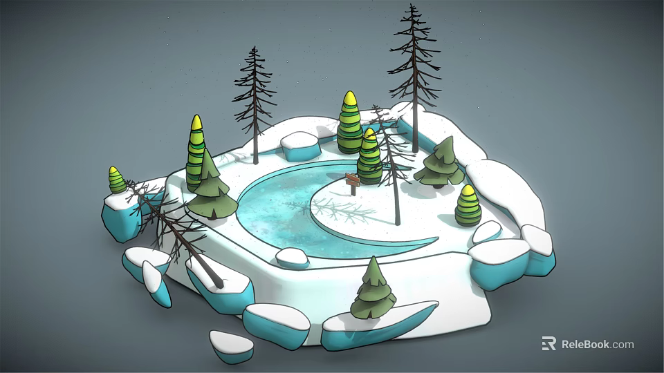 Cartoon Winter Scene With Snowy Landscape Frozen Lake Pine Trees And Ice Rocks 3d model 