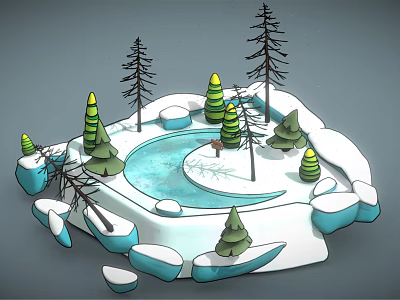 Cartoon Winter Scene With Snowy Landscape Frozen Lake Pine Trees And Ice Rocks 3d model