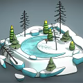 Cartoon Winter Scene With Snowy Landscape Frozen Lake Pine Trees And Ice Rocks