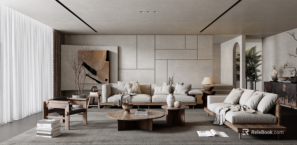 Modern Living Room Interior Design With Beige Sofa Wooden Coffee Table And Wall Artwork 3d model 