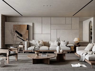 Modern Living Room Interior Design With Beige Sofa Wooden Coffee Table And Wall Artwork 3d model