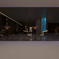 White Bear Statue In Modern Hallway With Dark Walls Marble Floor Lighting And Display Cabinets