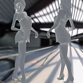 Two women wrapped in white towels standing in modern architectural space with soft light