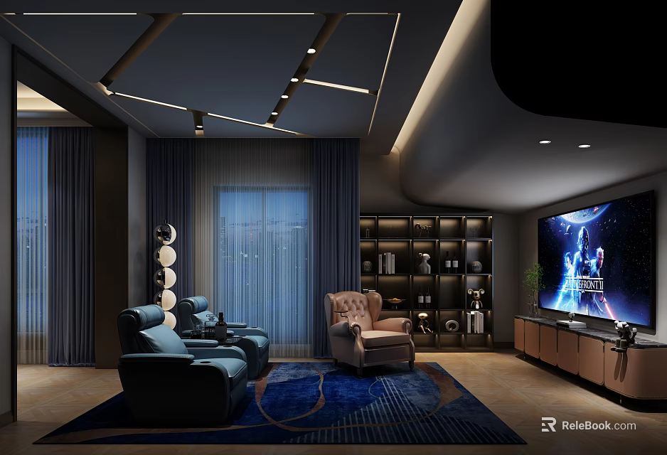 Modern Home Theater Interior With Comfortable Seating Large Screen TV Dark Curtains And Ceiling Lights 3d model 