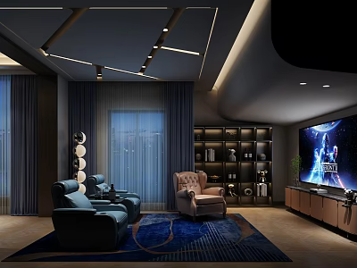 Modern Home Theater Interior With Comfortable Seating Large Screen TV Dark Curtains And Ceiling Lights 3d model