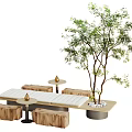 Outdoor Table Surrounded by Trees Green Plants and Wooden Stools in Natural Setting