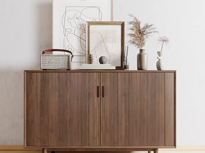 Modern Walnut Console Cabinet For Entryway Interior With Decorative Vases And Framed Art 3d model