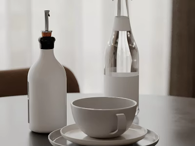 White Bottle Transparent Water Bottle And White Cup With Saucer On Table 3d model