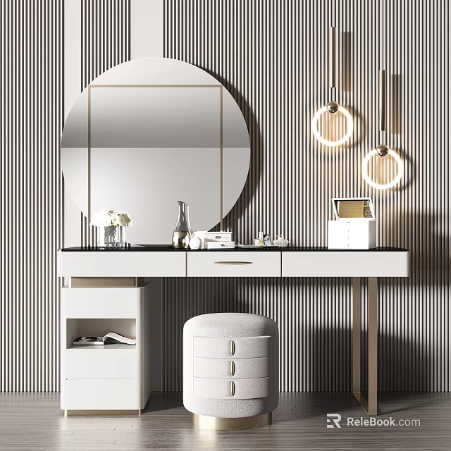 Modern Dressing Table with Circular Mirror Pendant Lights Black Countertop White Stool and Striped Wall 3d model 