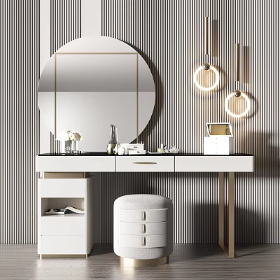 Modern Dressing Table with Circular Mirror Pendant Lights Black Countertop White Stool and Striped Wall 3d model