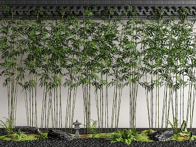 Bamboo Grove In Traditional Zen Garden With Rocks And Lantern 3d model
