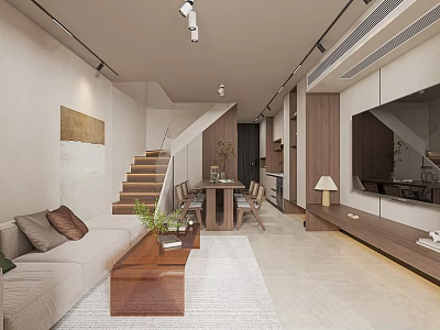 Modern Apartment Living Room Dining Area Open Layout With Sofa Coffee Table And Staircase 3d model