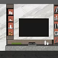 Elegant TV Background Wall with Marble Panel Black TV Wooden Shelves Books and Green Plants