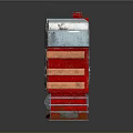 Modern Stacked Electrical Appliance With Metallic Body Red Panels And Fan