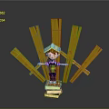 Child Standing On Stacked Books With Wooden Planks Wearing Blue Hat And Colorful Outfit