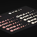 Multiple red and white tents arranged on black background with white structures nearby
