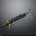 Military Missile 3D Render With Brown Warhead Yellow Stripe White Tail Fins And Orange Parts