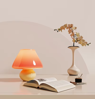 Modern Orange Gradient Table Lamp With White Vase Flowers Open Book And Coffee Cup 3d model