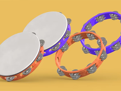 Colorful Tambourine Musical Instruments With Orange Purple Frames And White Drumheads On Yellow Background 3d model