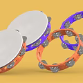 Colorful Tambourine Musical Instruments With Orange Purple Frames And White Drumheads On Yellow Background
