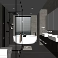 Modern Bathroom Interior With Glass Shower White Bathtub Double Sinks Large Mirror And Gray Tiles