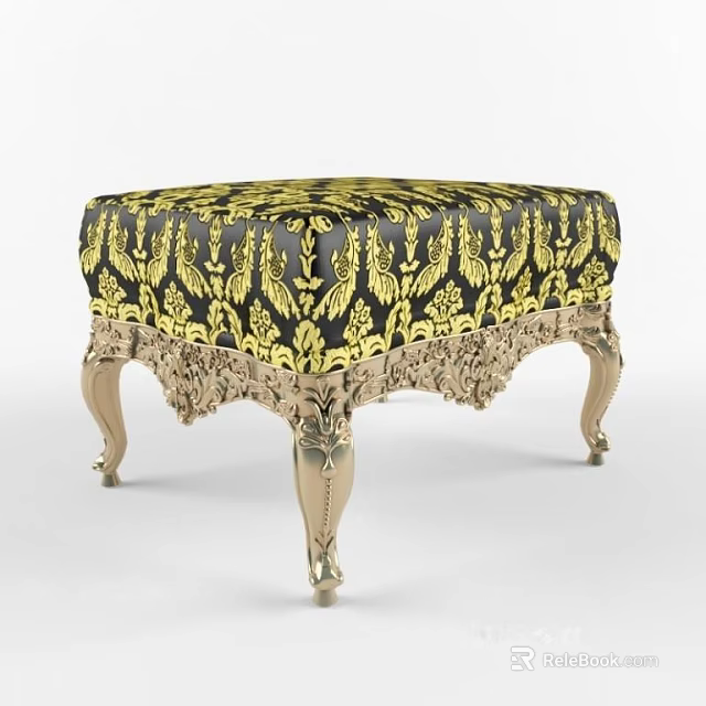 Elegant Vintage Ottoman With Black Gold Floral Upholstery And Ornate Metal Legs 3d model 