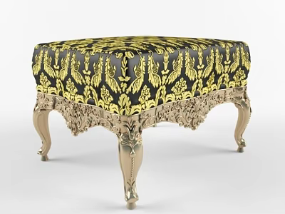 Elegant Vintage Ottoman With Black Gold Floral Upholstery And Ornate Metal Legs 3d model