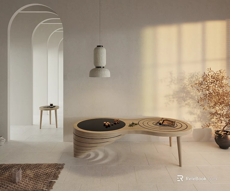 Modern Curved Wooden Coffee Table In Warm Sunlight With Decorative Plant And Side Table 3d model 