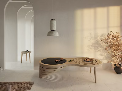Modern Curved Wooden Coffee Table In Warm Sunlight With Decorative Plant And Side Table 3d model
