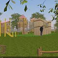 Wooden Playground Equipment With Tower Slide Green Grass And Trees In Outdoor Area