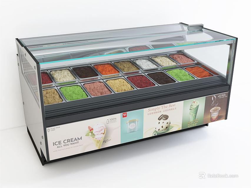 Ice Cream Display Freezer With Transparent Glass Cover And Colorful Compartments 3d model 