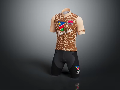 Giraffe Pattern Cycling Outfit with Namibia Logo Short Sleeves and Black Shorts 3d model