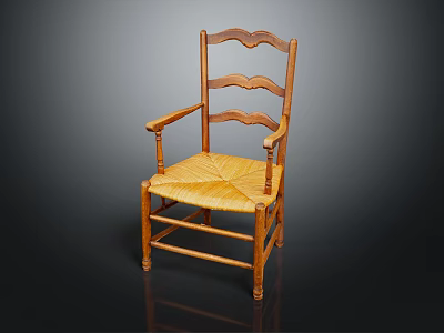 Traditional Rustic Leisure Chair With Scalloped Backrest Wooden Frame And Woven Seat 3d model