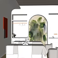 Relaxing Beige Beauty Salon Treatment Room With Massage Bed Arched Window And Green Plants
