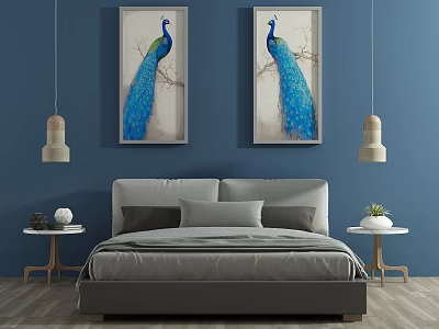 Comfortable Double Bed In Modern Bedroom With Blue Wall Peacock Paintings Pendant Lights And Nightstands 3d model