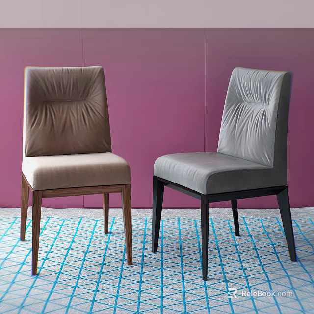 Brown And Gray Leather Dining Chairs Against Purple Wall With Blue White Checkered Carpet 3d model 