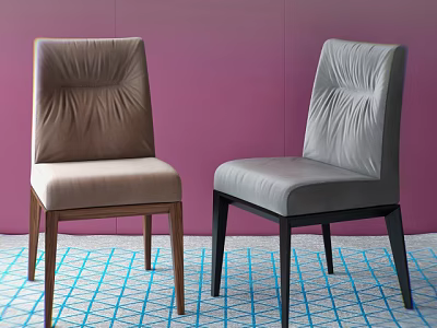 Brown And Gray Leather Dining Chairs Against Purple Wall With Blue White Checkered Carpet 3d model