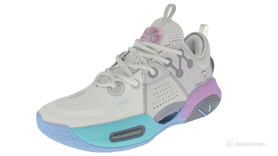 White Pink And Blue Sports Shoes With Breathable Mesh Lace Up Design And Colorful Sole 3d model 