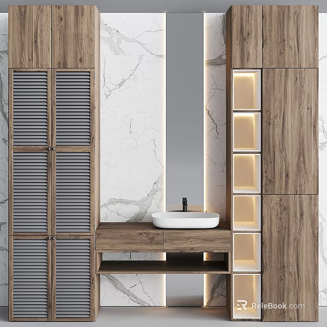Modern Bathroom Vanity With Wooden Cabinets Marble Countertop And LED Strip Lighting 3d model 