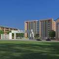 Modern School Campus Buildings With Main Gate Green Lawn Trees And Clear Blue Sky