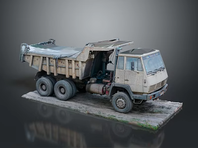 Beige Dump Truck Model With Open Bed And Multiple Wheels On Display Platform 3d model