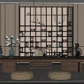 Traditional Zen Tea Room Interior With Wooden Table Tea Sets Lattice Screen And Hanging Lamps