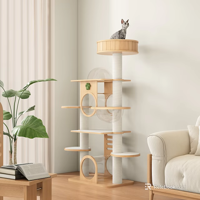 Multi Level Wooden Cat Tree with Circular Platforms and Top Perch in Modern Living Room 3d model 