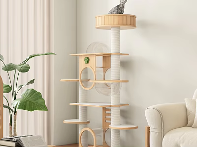 Multi Level Wooden Cat Tree with Circular Platforms and Top Perch in Modern Living Room 3d model