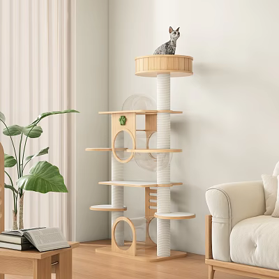 Multi Level Wooden Cat Tree with Circular Platforms and Top Perch in Modern Living Room 3d model