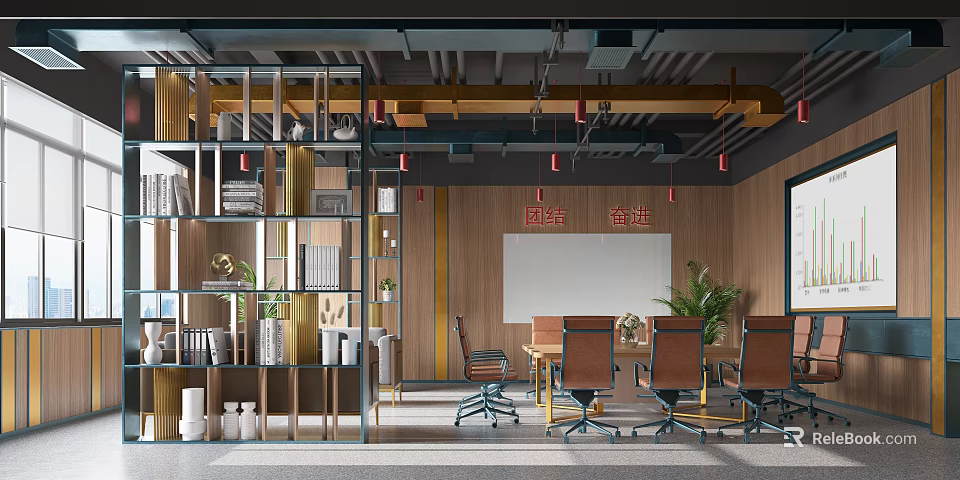 Modern Conference Room With Wooden Walls Unity And Strive Banner Table Chairs And Green Plants 3d model 