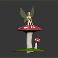 Fairy Sitting On Red Mushroom With White Spots And Small Mushroom On Green Grass Base