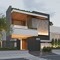 Modern Detached Villa Exterior With Stone Wall Large Glass Windows And Rooftop Greenery 3d model