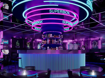 Stylish Bar Counter With Neon Light Strips And Bottle Shelves In Purple Blue Ambiance 3d model
